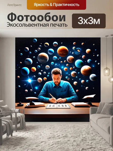 Фотообои композитор за работой, его идеи оживают в виде маленьких планет, каждая из которых издает уникальный звук