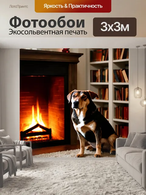 Фотообои с собакой, сидящей у камина в уютной комнате, мягкий свет, книги на полках, зимний вечер за окном
