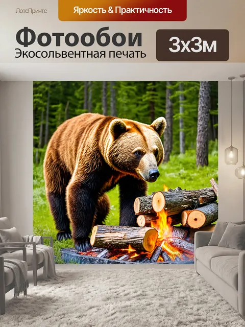 Фотообои медведь, собирающий дрова на костер