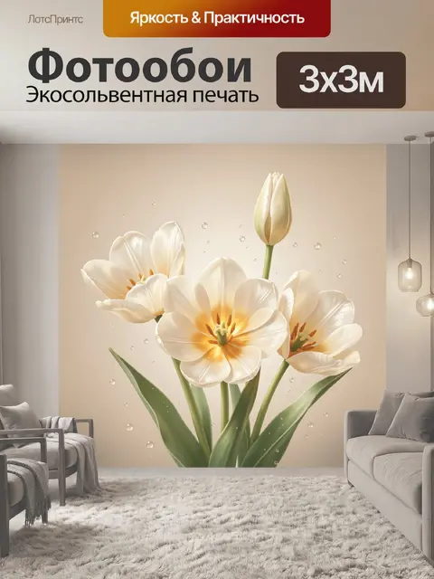 Фотообои Белые тюльпаны с каплями росы