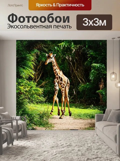 Фотообои жираф, неторопливо шагающий через неосвещенные тени буйной зелени джунглей, охарактеризованной яркими…
