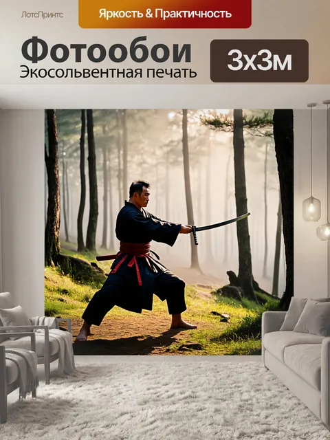Фотообои самурай, средних лет, сосредоточенно тренируется с катаной на утреннем тумане, свет солнца пробивается…