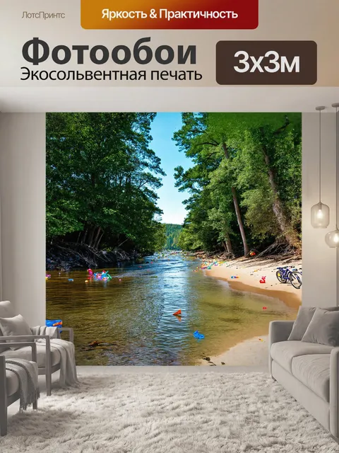 Фотообои река, окруженная высокими деревьями, течет спокойно вдаль, где вдалеке виден пляж с разбросанными игрушками…