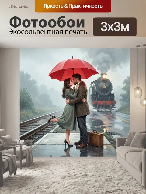 Фотообои Поцелуй под красным зонтом у поезда