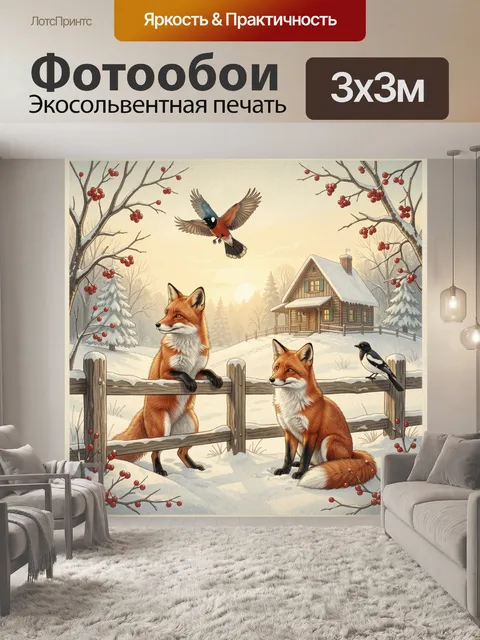 Фотообои Лисы и птицы в зимней деревне