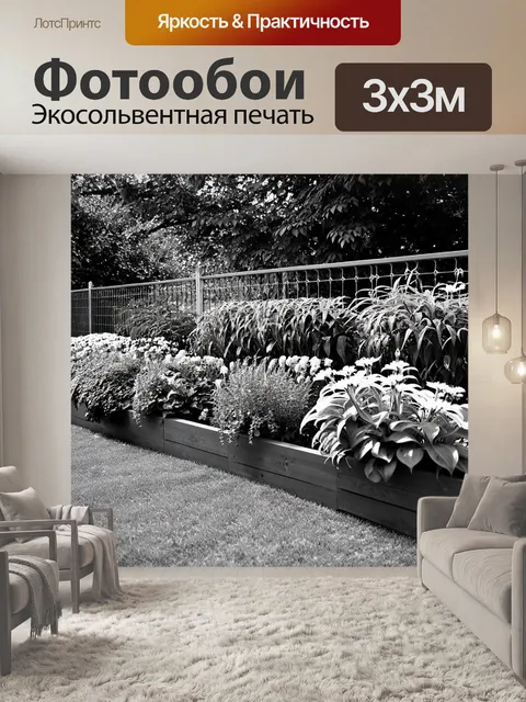 Фотообои черно-белый: сад с приподнятыми клумбами, где растут причудливые сорта растений и цветов