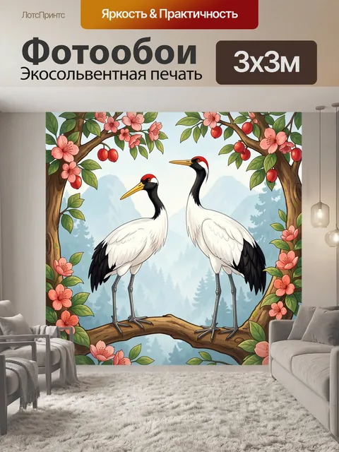 Фотообои Два журавля среди цветущих ветвей