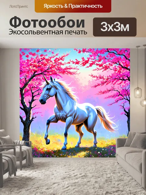 Фотообои промт: прекрасный единорог среди красочных цветущих деревьев, изображенный в стиле китайской живописи