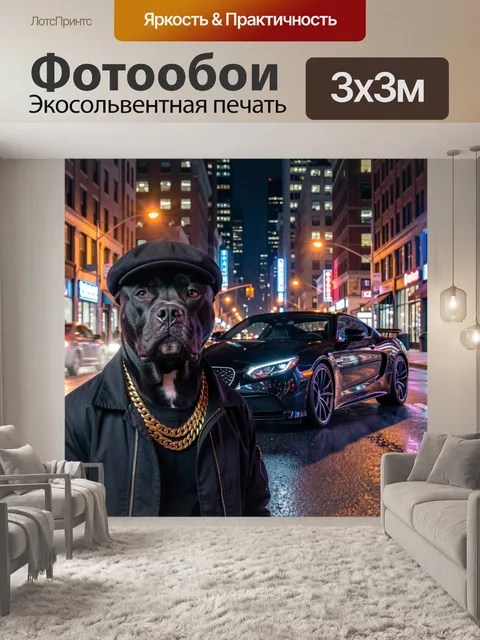 Фотообои Черный пес в кепке у спорткара