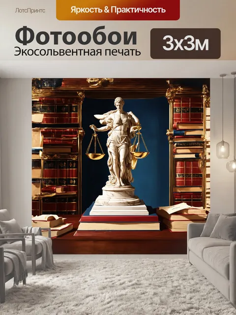 Фотообои в центре композиции находится величественная статуя весов правосудия, стоящая на мраморной колонне