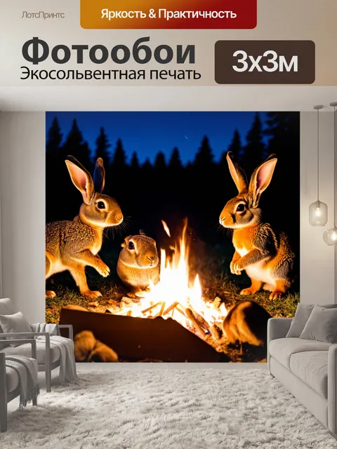 Фотообои кролик-сказочник, рассказывающий истории группе животных у костра ночью, с мерцающими огоньками вокруг