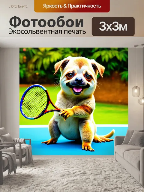 Фотообои смешной пёсик, играющий в теннис с ленивцем, выполненный в технике смешанной медиадизайна с игривыми и…