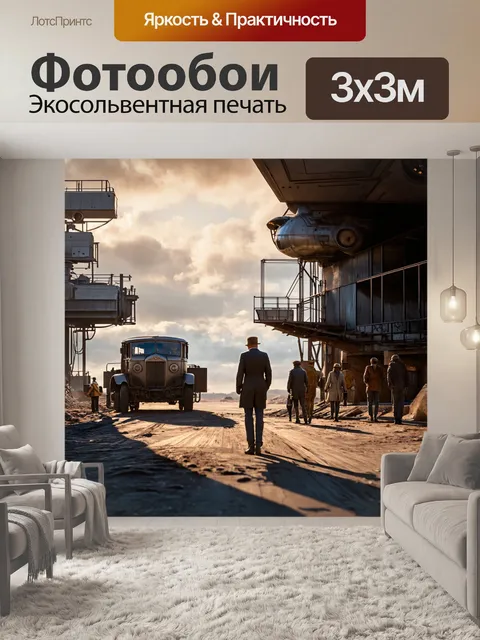 Фотообои пейзаж в стиле дизельпанк с ретро-футуристическими обитателями и их повседневной жизнью,