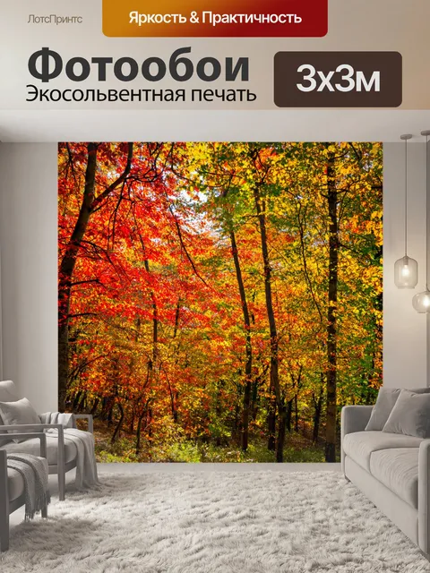 Фотообои лес, осенний, с разноцветными листьями, ярко-красными и золотыми оттенками, где легкий ветер качает ветки…