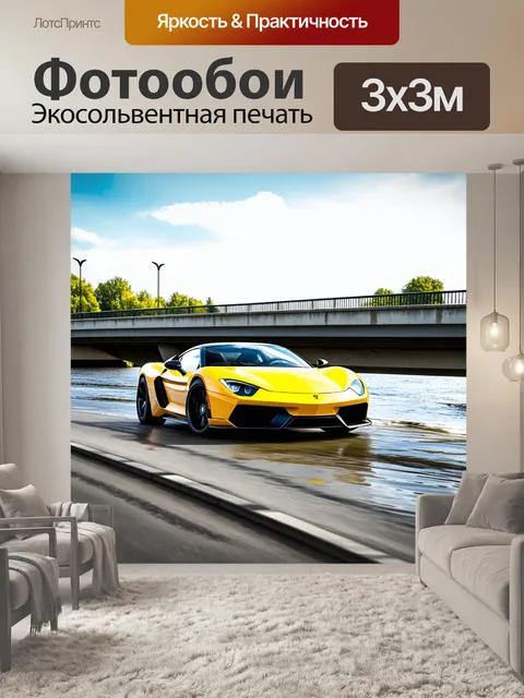 Фотообои спортивный автомобиль, стоящий на мосту, через который проходит поток речной воды