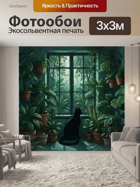 Фотообои Тропическая комната с кошкой у окна