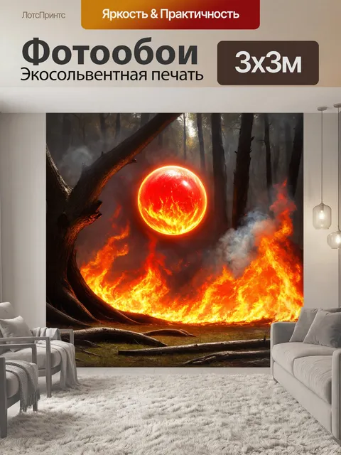 Фотообои огненно-красный комок света вырывается из тлеющего дерева, освещая окружающий лес