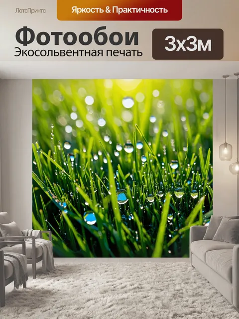 Фотообои мистическая роса на траве на рассвете, капли воды сверкают на солнце, создавая чудесные узоры