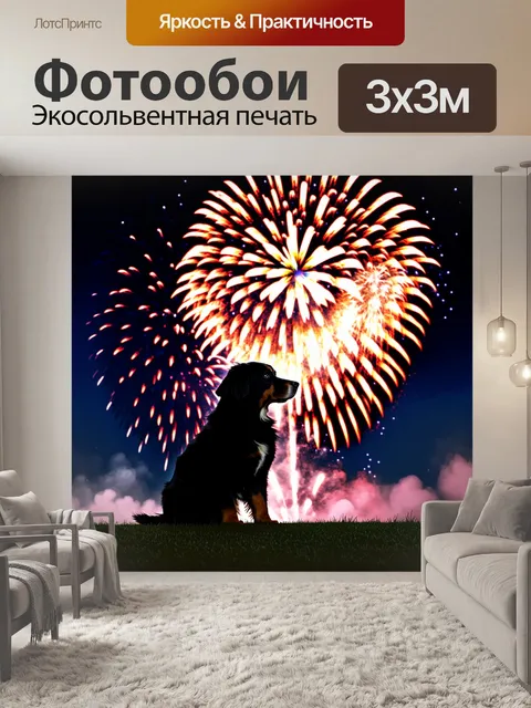 Фотообои сценка, где бернский зенненхунд наблюдает за фейерверком на ночном небе
