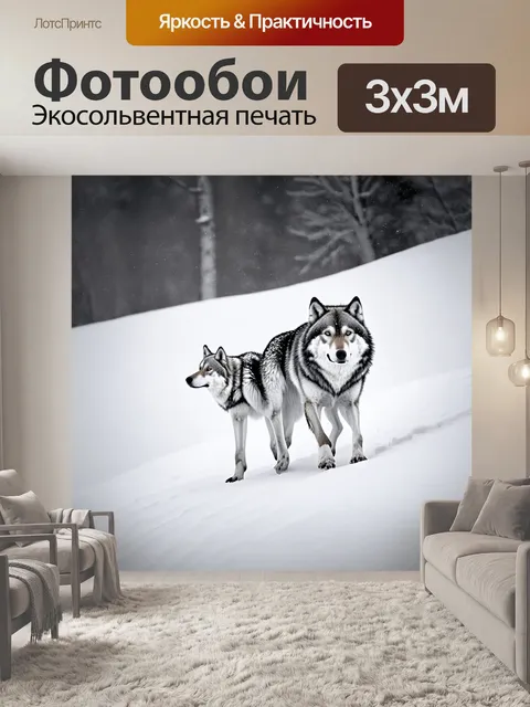 Фотообои охота: на снежном склоне, где волки крадутся вдоль его линии, за ними следуют птичьи тени