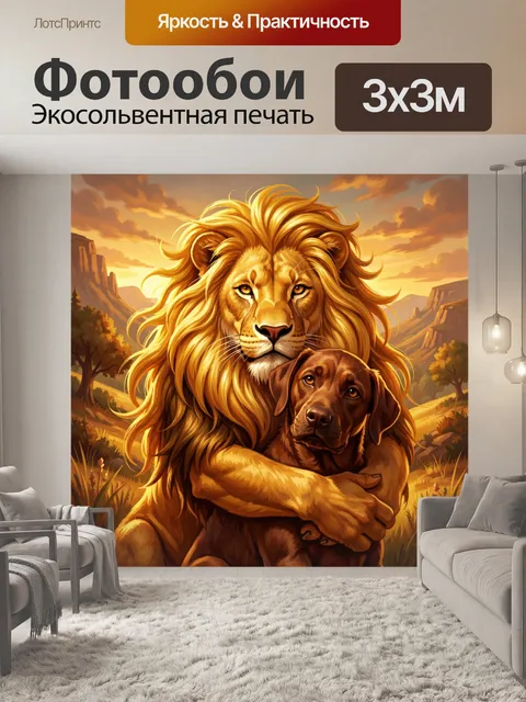 Фотообои Лев с львицей и собаками на закате
