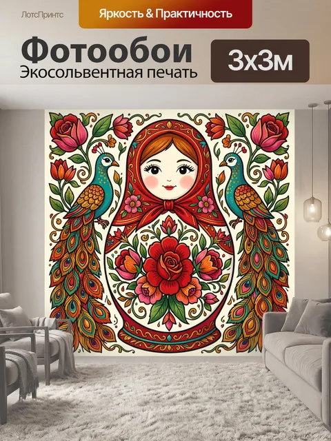 Фотообои Матрешка с павлинами и цветами