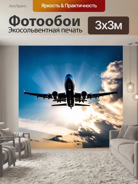 Фотообои летящий пассажирский самолет против закатного синего неба