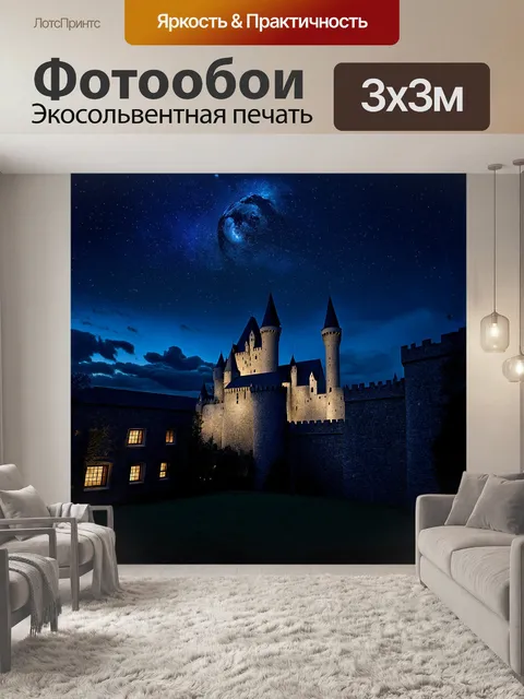 Фотообои гондор ночью, когда звезды сверкают над замком, и луна освещает его стены