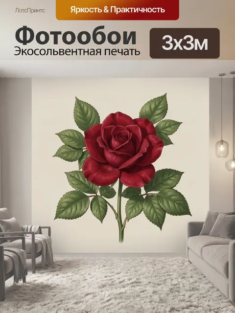 Фотообои Красная роза с зелёными листьями