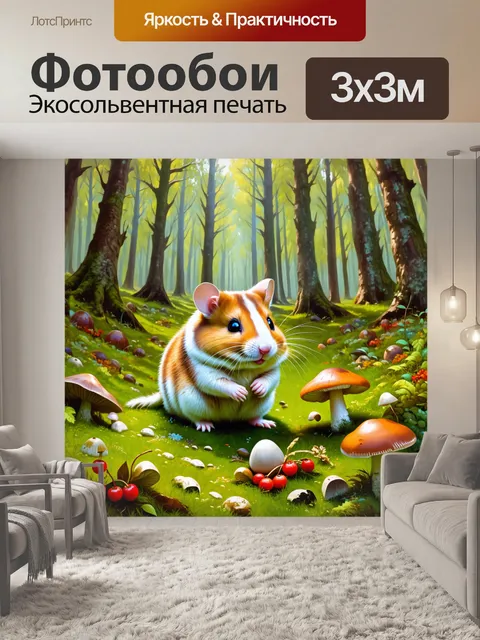 Фотообои очаровательный хомяк, исследующий лесную поляну среди грибов и ярких ягод, в стране волшебного леса