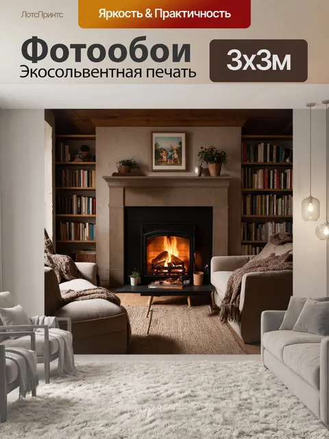 Фотообои лофт, в которых главной темой выступает камин, окруженный мягкими диванами и пледами