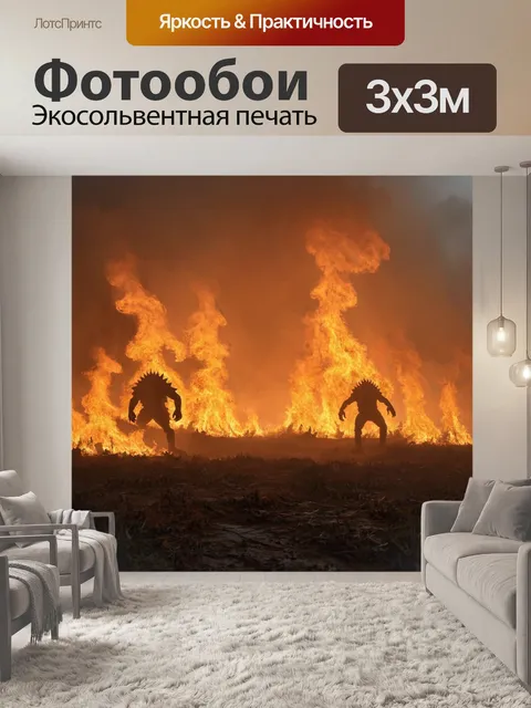 Фотообои туман в стиле фэнтези, мир, охваченный пожаром, теневые монстры в тумане, антиутопическое окружение