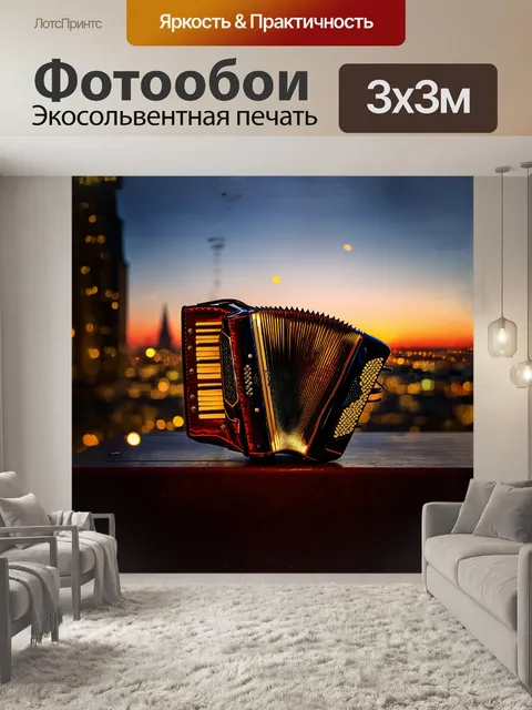 Фотообои на фоне сверкающего городского пейзажа аккордеон нежно светится, его металл и кожу освещает закатное солнце