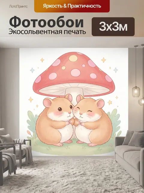 Фотообои Два хомяка под сказочным грибом