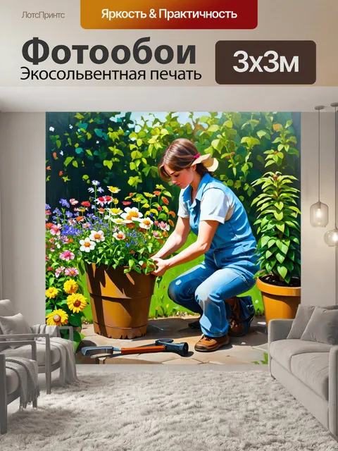 Фотообои садовод ухаживает за цветами в своем саду, окруженный инструментами и растениями