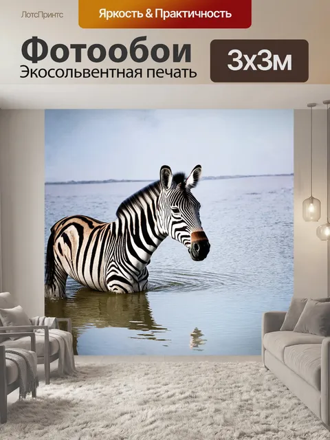 Фотообои мгновение у реки, отражающей небо, зебра наклонила голову к воде, её глаз сверкает, как драгоценный камень…