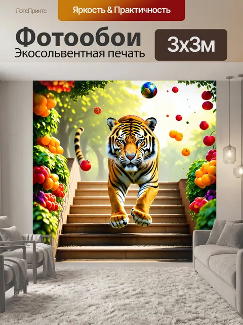Фотообои энергичный тигр, спускающийся по лестнице с мячом, его полоски на шерсти переливаются, а вокруг него…