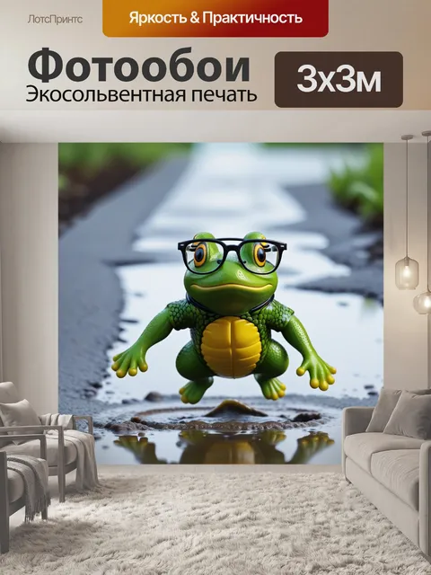 Фотообои лягушка в очках, прыгающая через лужу