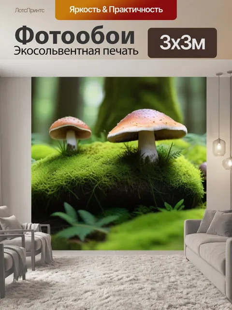 Фотообои лес с грибами и мхом