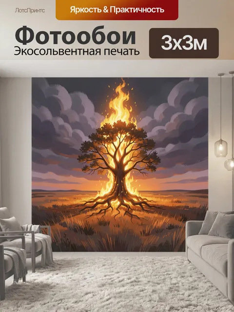 Фотообои Пылающее дерево в поле на закате