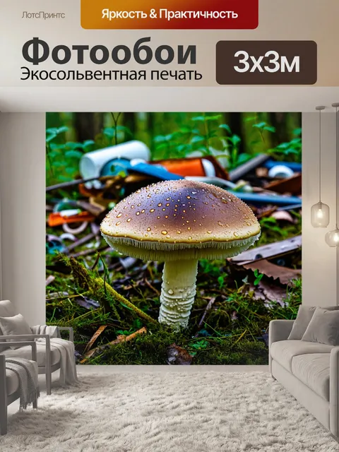 Фотообои грибы плесневые на заднем дворе старого дома, покрытые утренней росой и окруженные заброшенными предметами