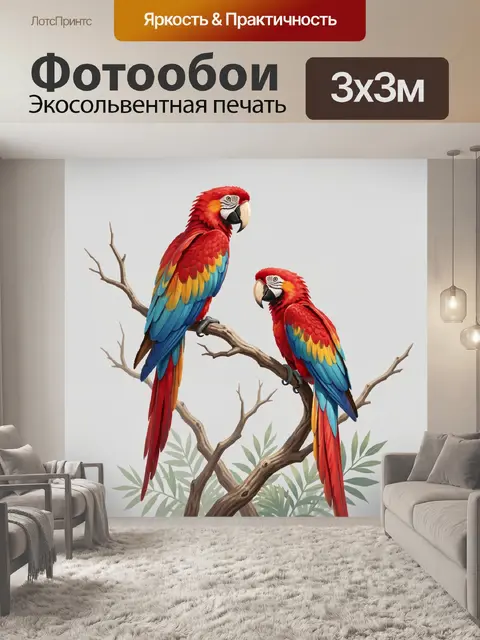 Фотообои Два ярких попугая на ветке