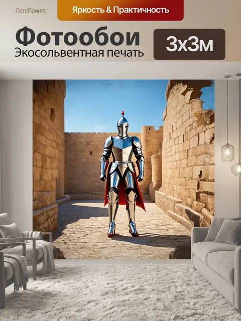 Фотообои мальта, рыцарь в латах на фоне средневековой крепости, снято в реалистичном стиле с использованием техники…