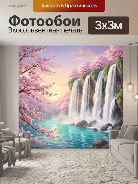 Фотообои Сакура у водопада на закате