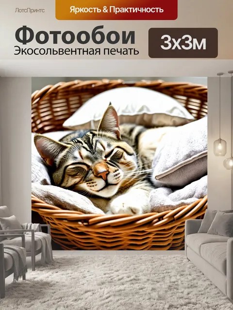 Фотообои кошка, спящая в корзине с подушками