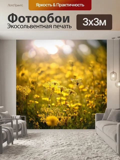 Фотообои поляна, усыпанная мимозами, каждая из которых переливается золотыми оттенками под ярким солнцем