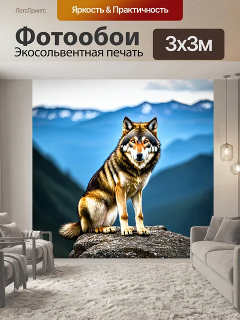 Фотообои волк, сидящий на скале с видом на горы