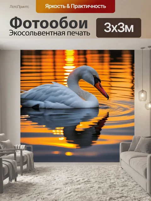 Фотообои лебедь на фоне заката, отражающийся в воде