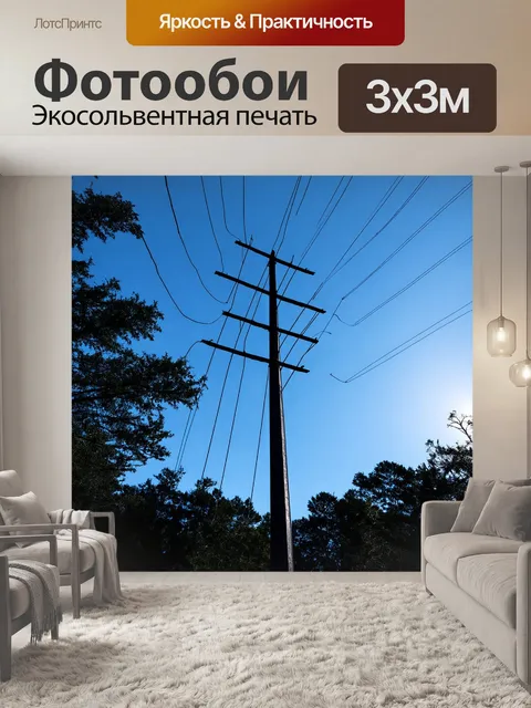 Фотообои устремленная к небу, массивная опора лэп выделяется на фоне лесного массива