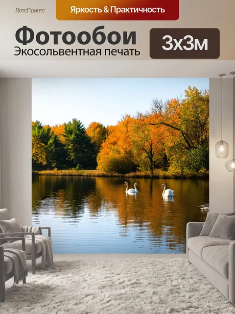 Фотообои фотка тихого озера среди леса, с отражениями деревьев на поверхности воды и лебедями, плавающими вдоль берега